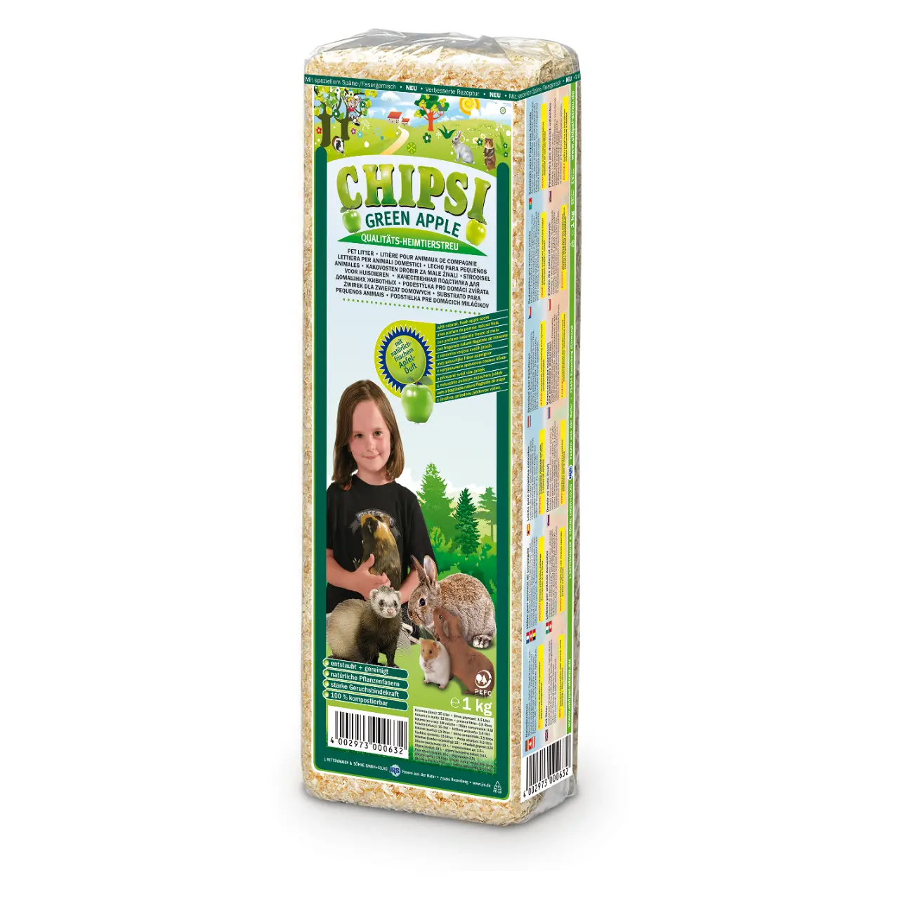 Chipsi Plus Green Apple træspåner med æbleduft til kanin og marsvin 1 kg